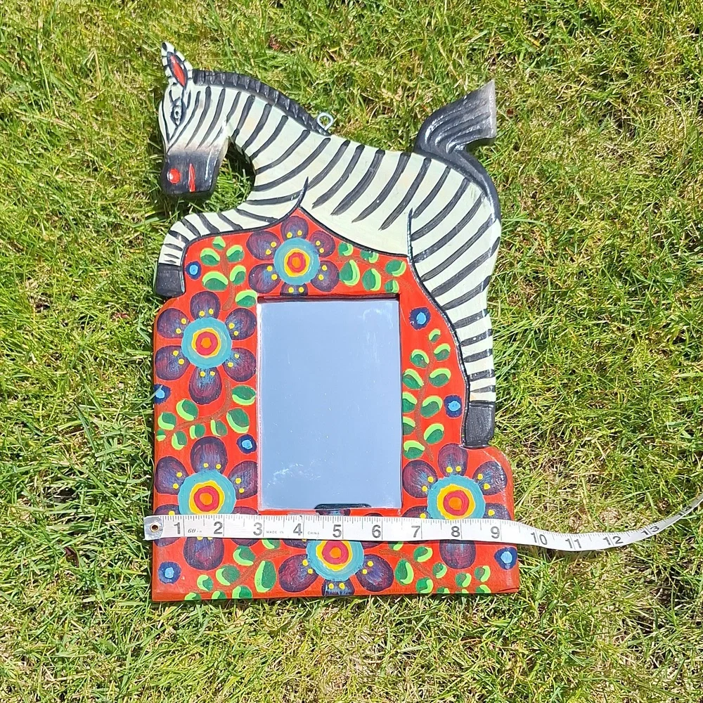 Vintage Folk Art Carved Zebra Wooden Mirror Colorful Floral Boho Handmade